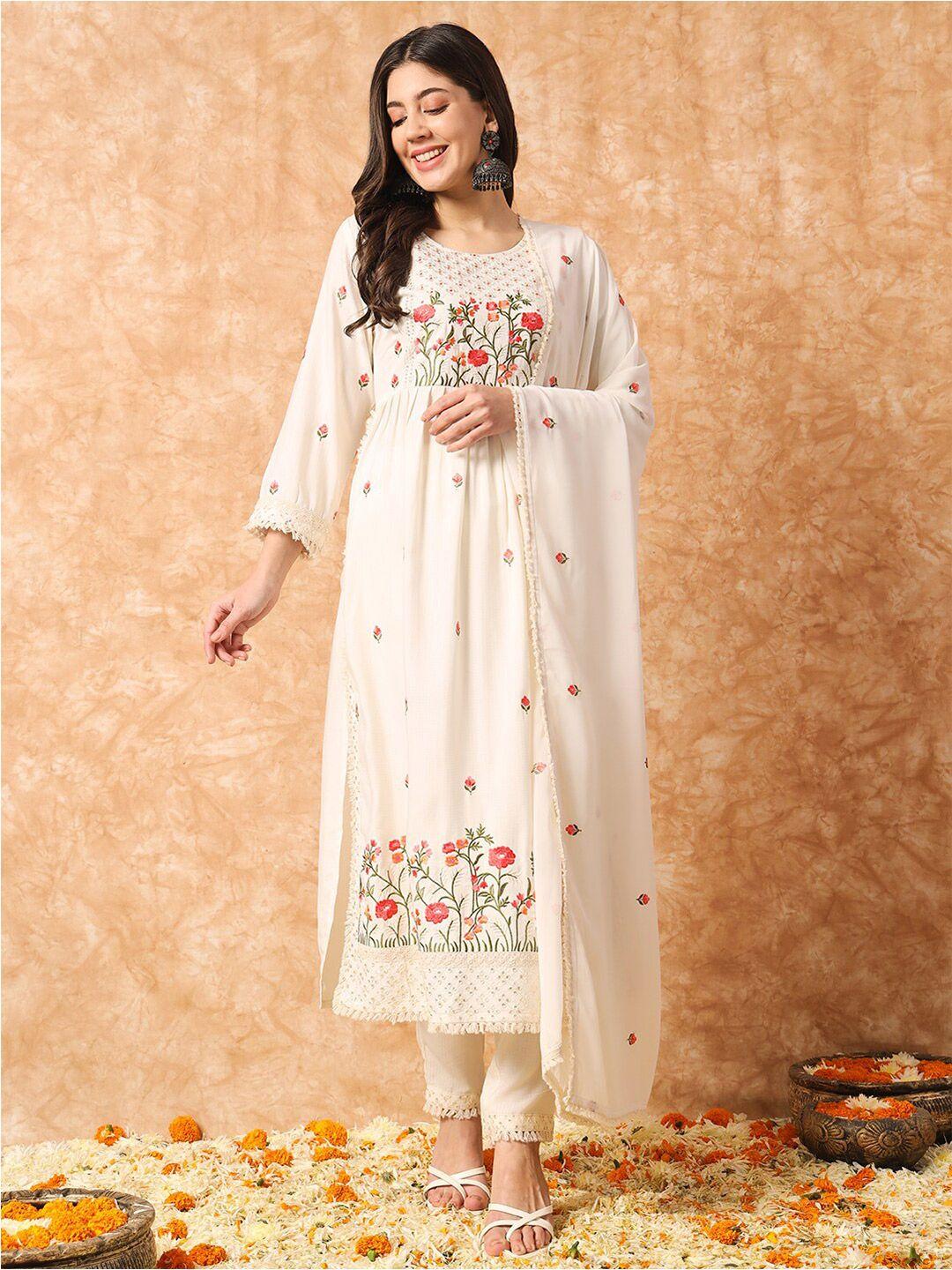 kalini floral embroidered thread work straight kurta with trousers & dupatta