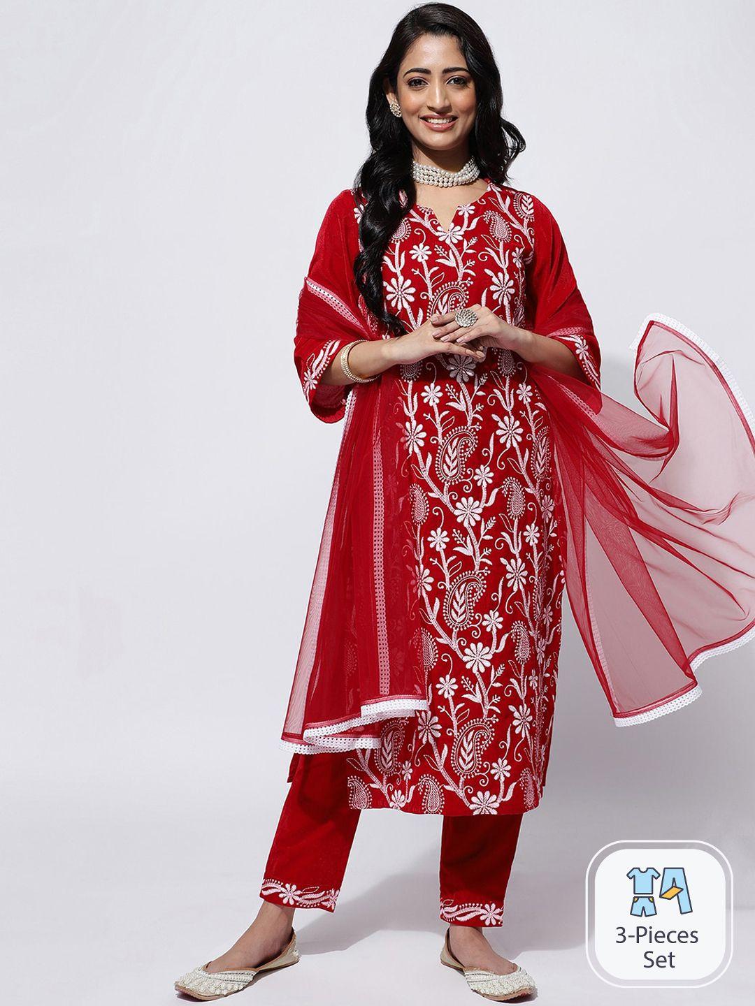 kalini floral embroidered thread work velvet kurta with trousers & dupatta