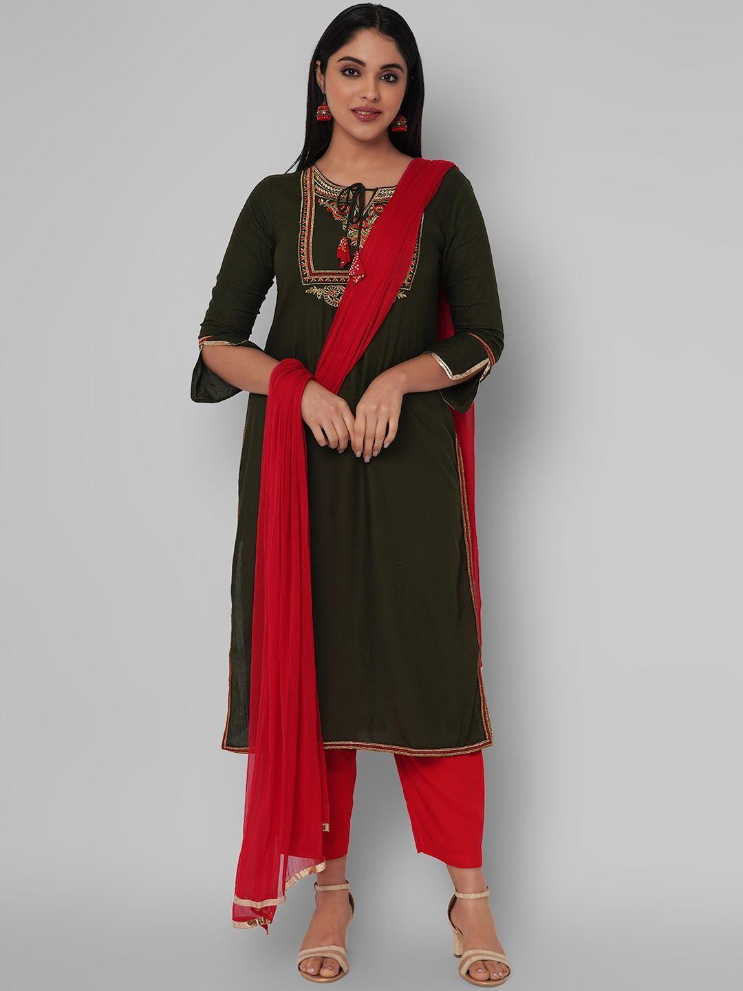 kalini floral embroidered tie-up neck kurta with trousers & dupatta