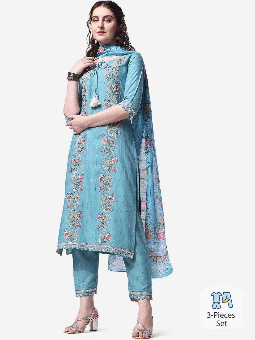 kalini floral embroidered tie-up neck straight kurta with trousers & dupatta