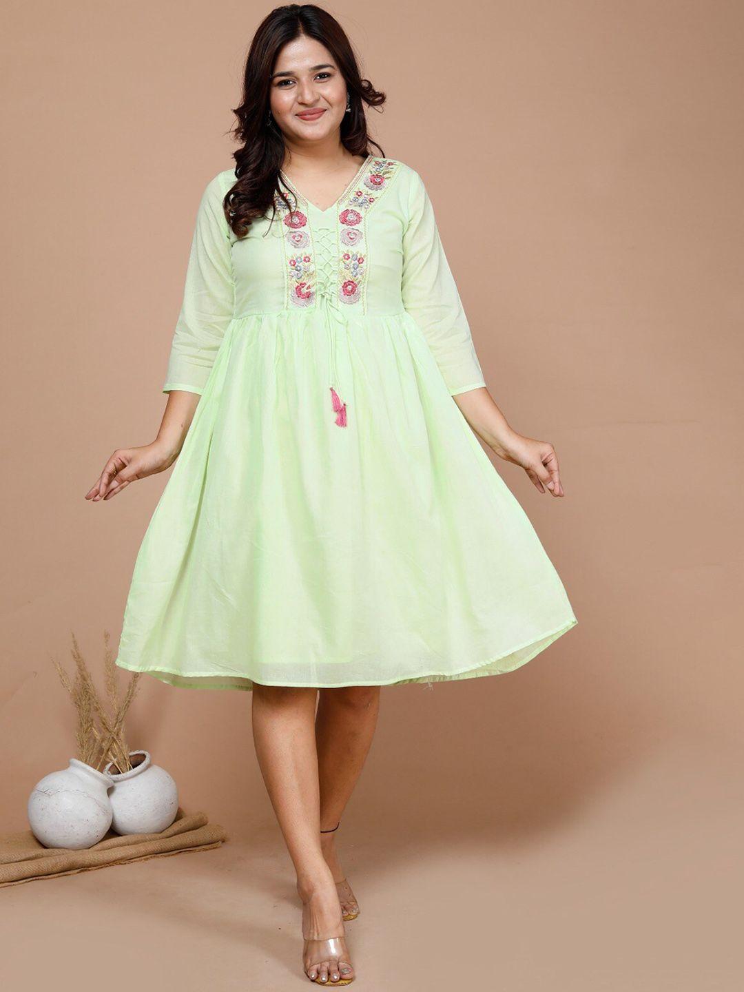 kalini floral embroidered v-neck cotton fit and flare dress