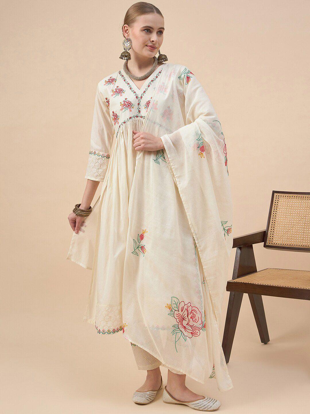 kalini floral embroidered v-neck empire kurta with trousers & dupatta