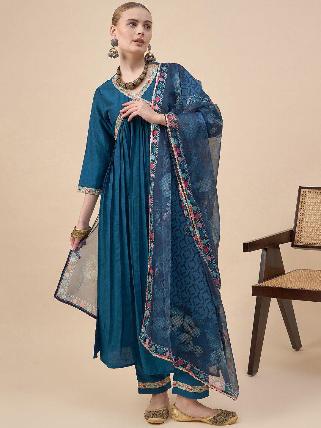 kalini floral embroidered v-neck empire kurta with trousers & dupatta