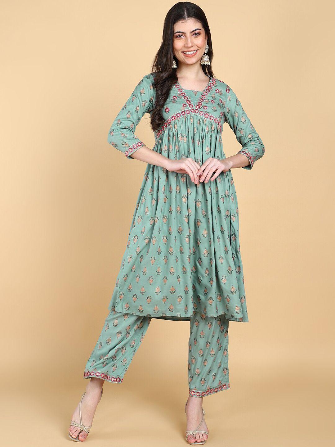 kalini floral embroidered v-neck thread work anarkali empire kurta with palazzos