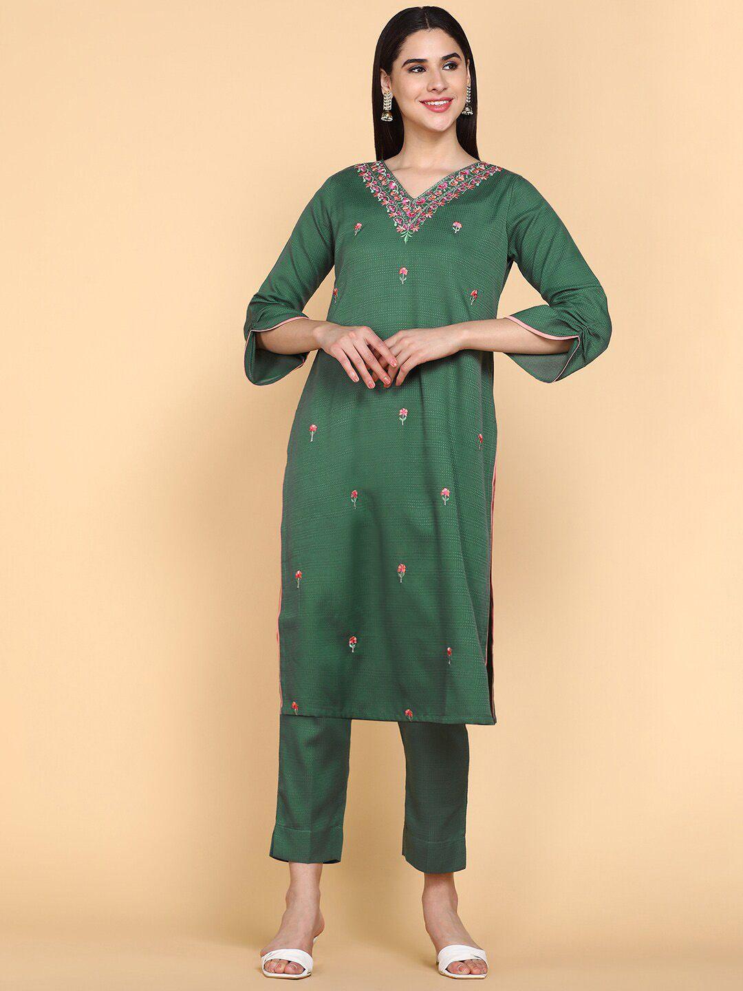 kalini floral embroidered v-neck thread work flared sleeves straight kurta with palazzos