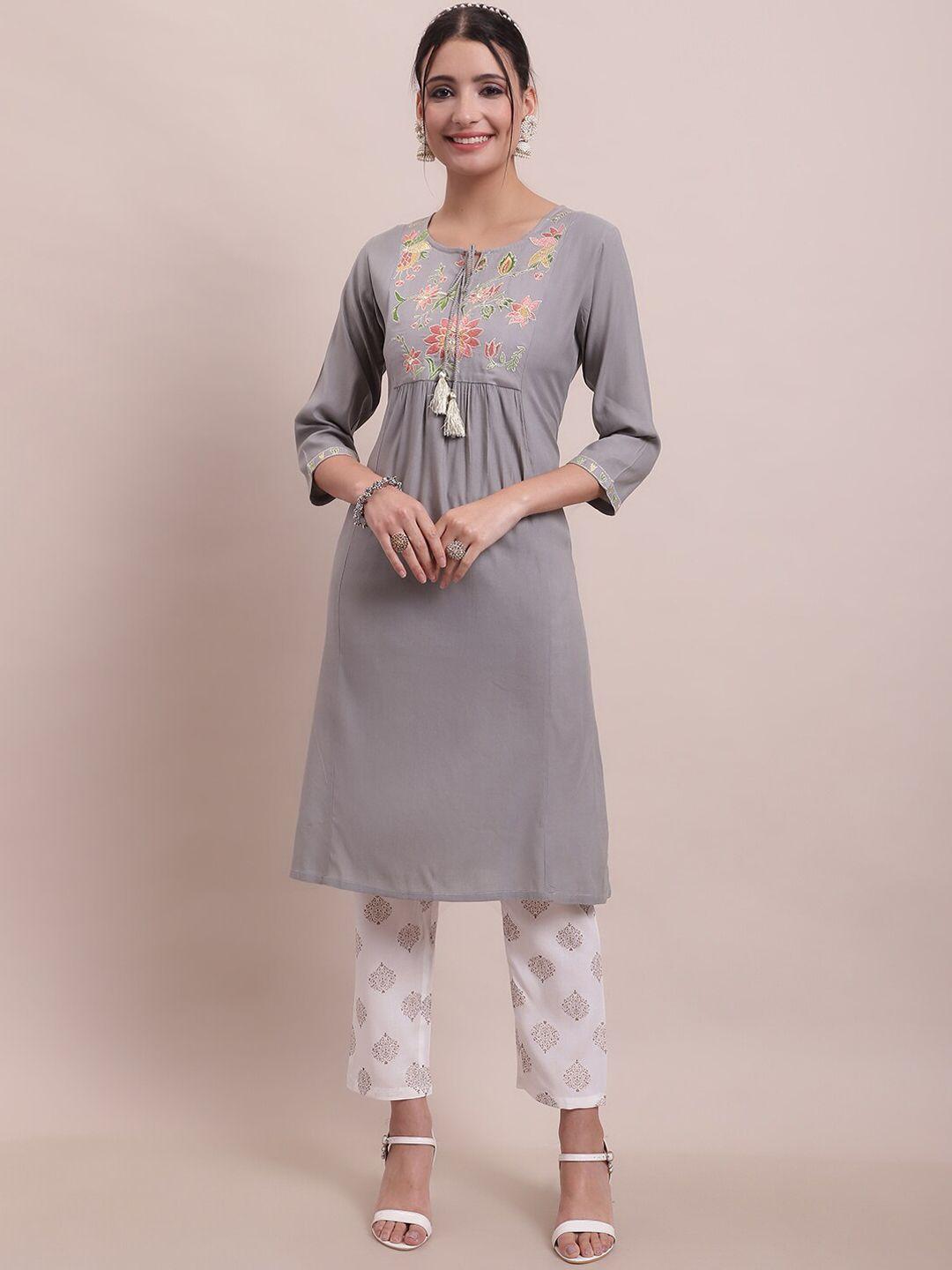 kalini floral embroidered yoke design tie-up neck empire kurta with printed trousers