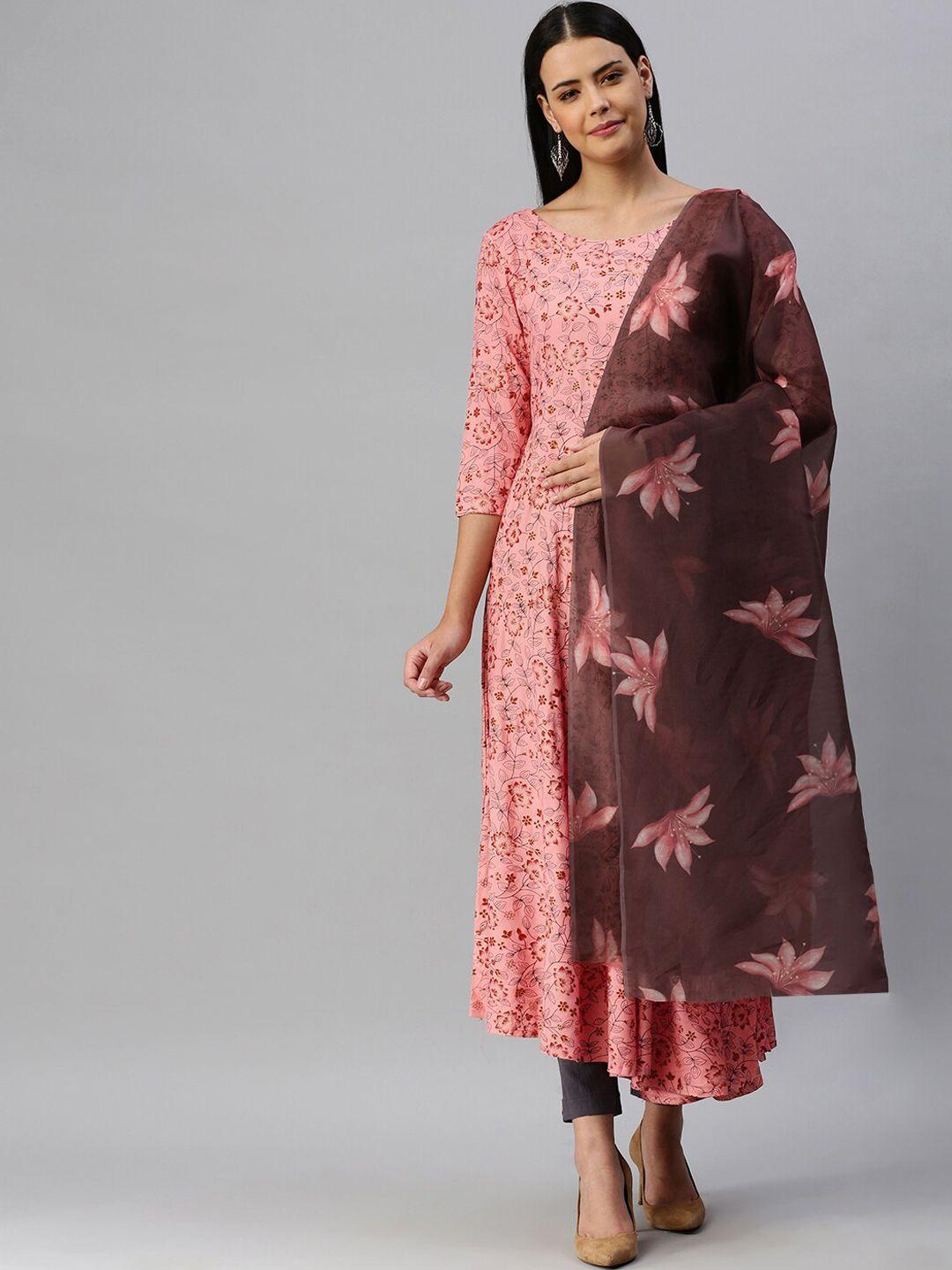 kalini floral foil printed flared a-line kurta with dupatta