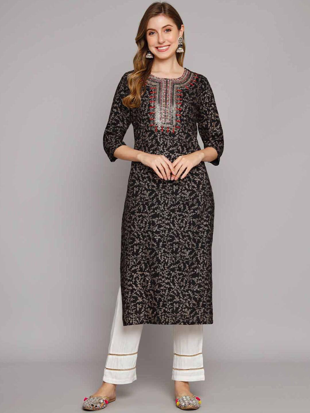 kalini floral foil printed thread work zari kurta with palazzos