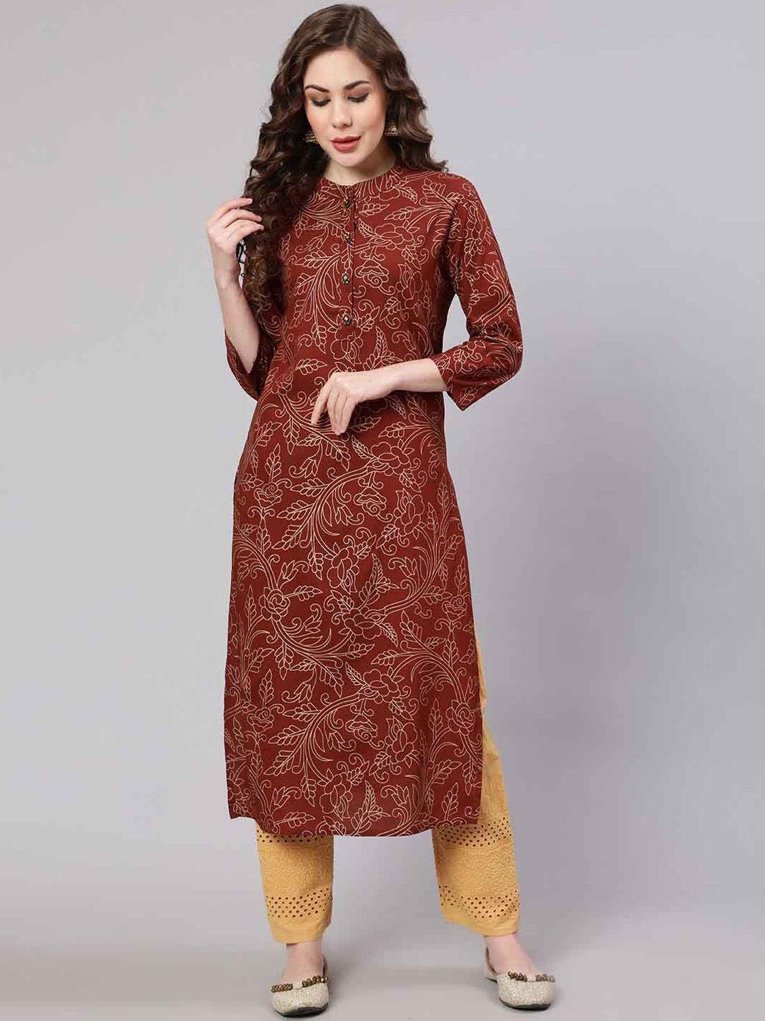 kalini floral madarin collar regular sleeves cotton a-line kurta