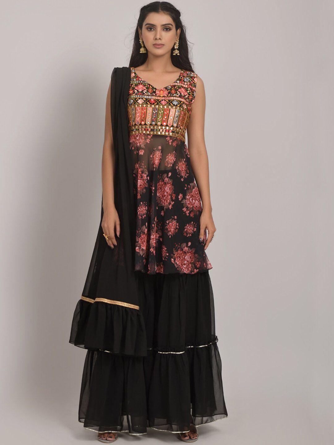 kalini floral mirror work embroidered regular georgette kurta with sharara & dupatta