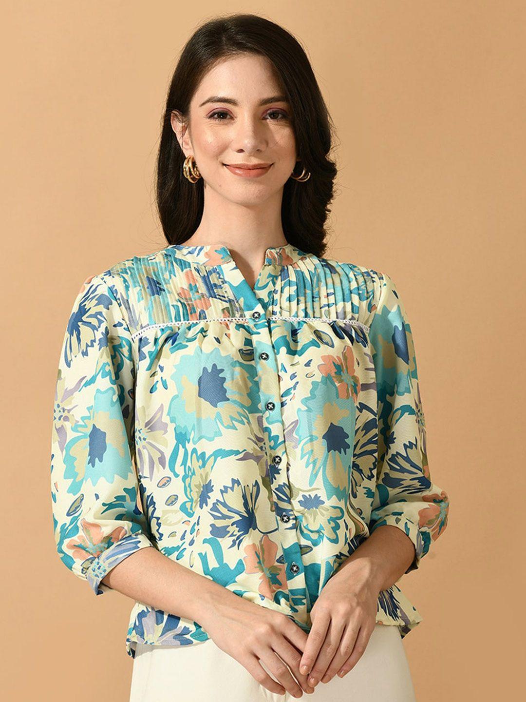kalini floral print mandarin collar linen shirt style top