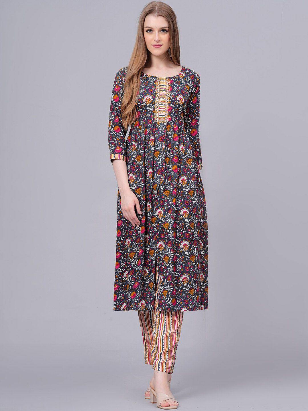 kalini floral printed a-line pleated beads & stones kurta with trouser & dupatta