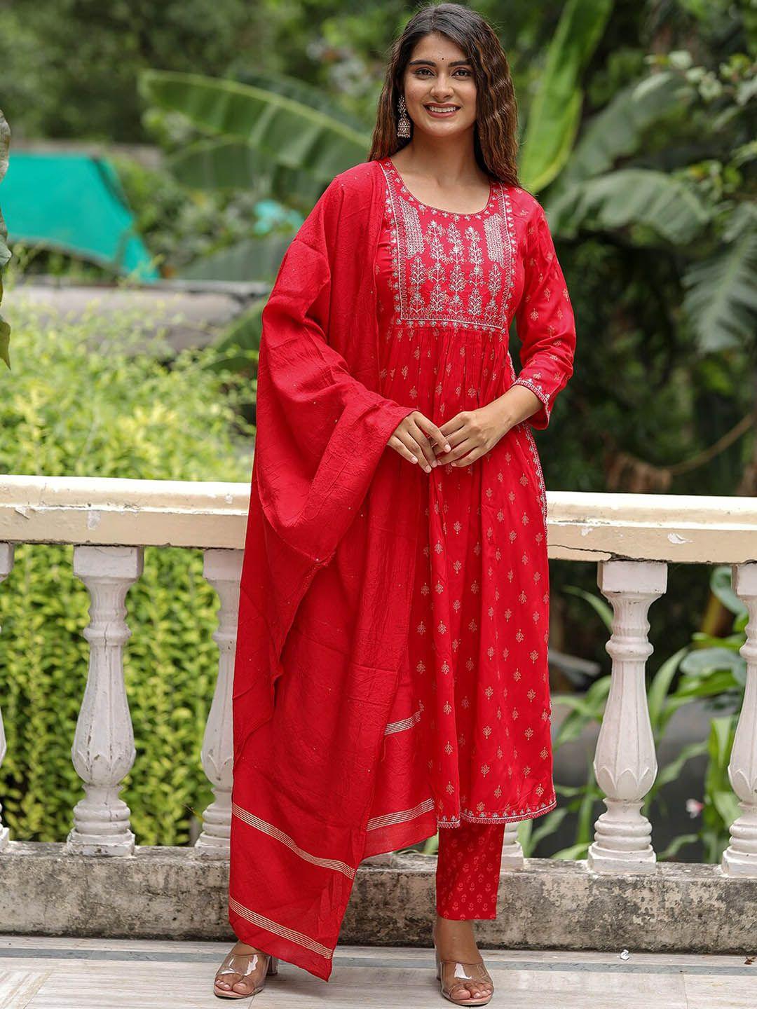 kalini floral printed a-line pleated kurta with trousers & dupatta