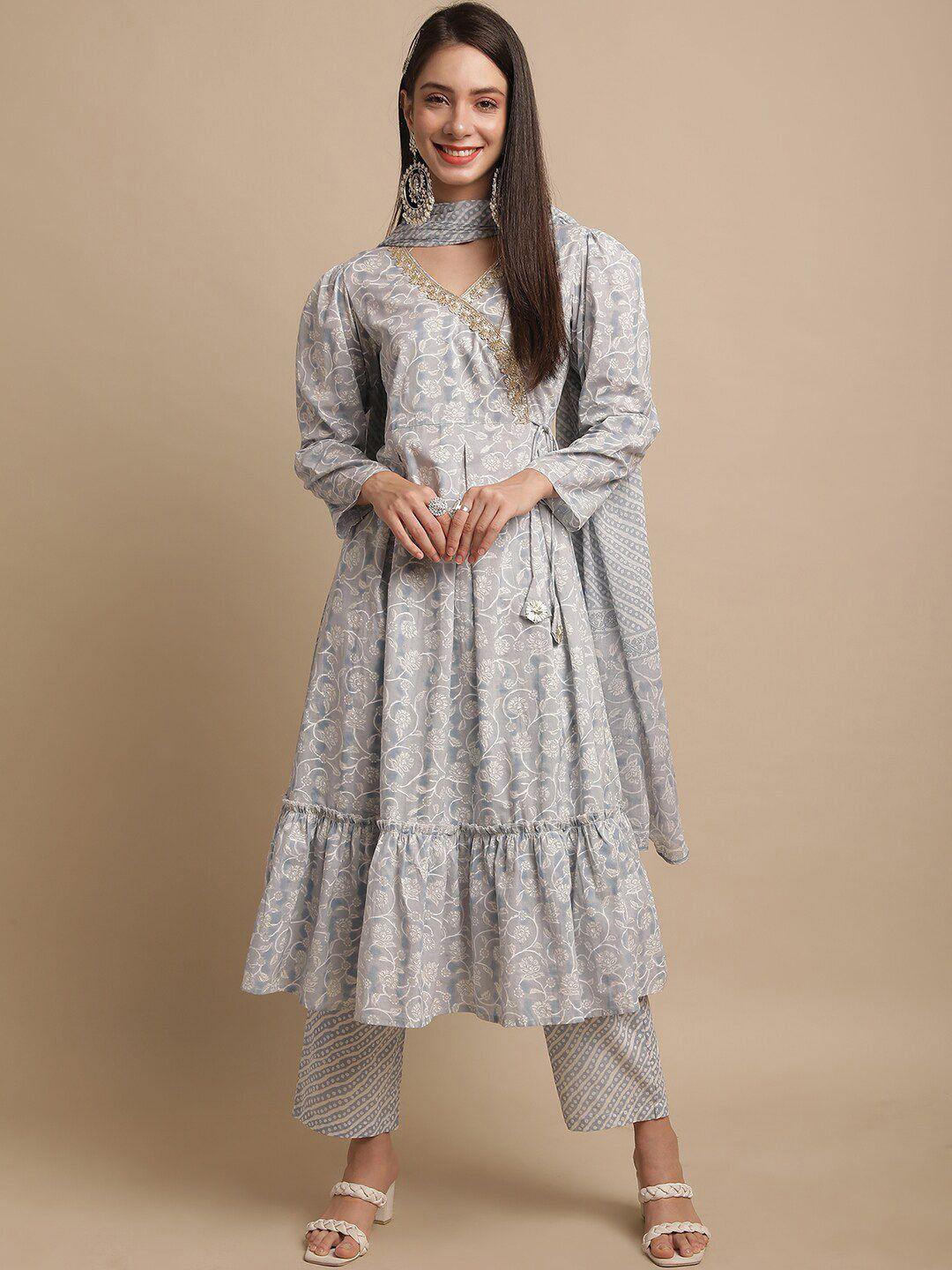 kalini floral printed anarkali gotta patti pure cotton kurta with palazzos & dupatta