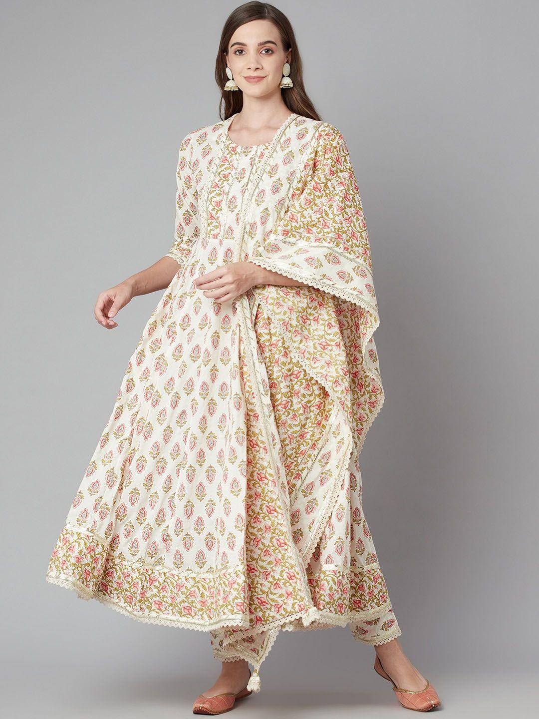 kalini floral printed anarkali gotta patti pure cotton kurta with trousers & dupatta