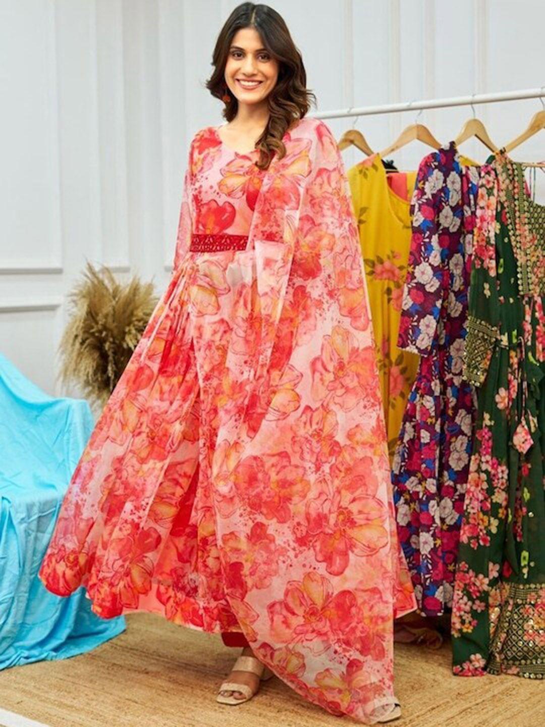 kalini floral printed anarkali gown with dupatta