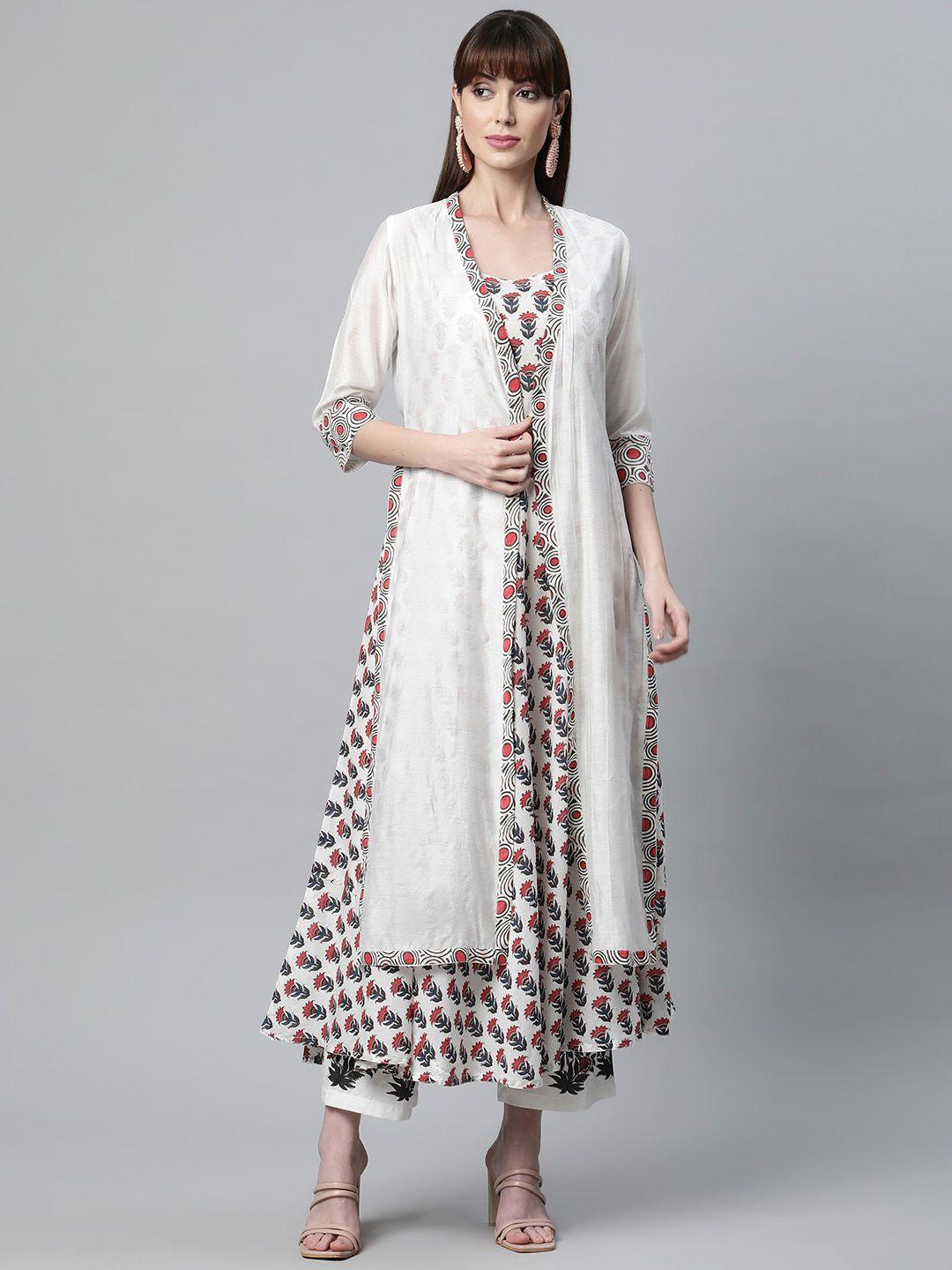 kalini floral printed anarkali pure cotton kurta & trousers with chanderi shurg