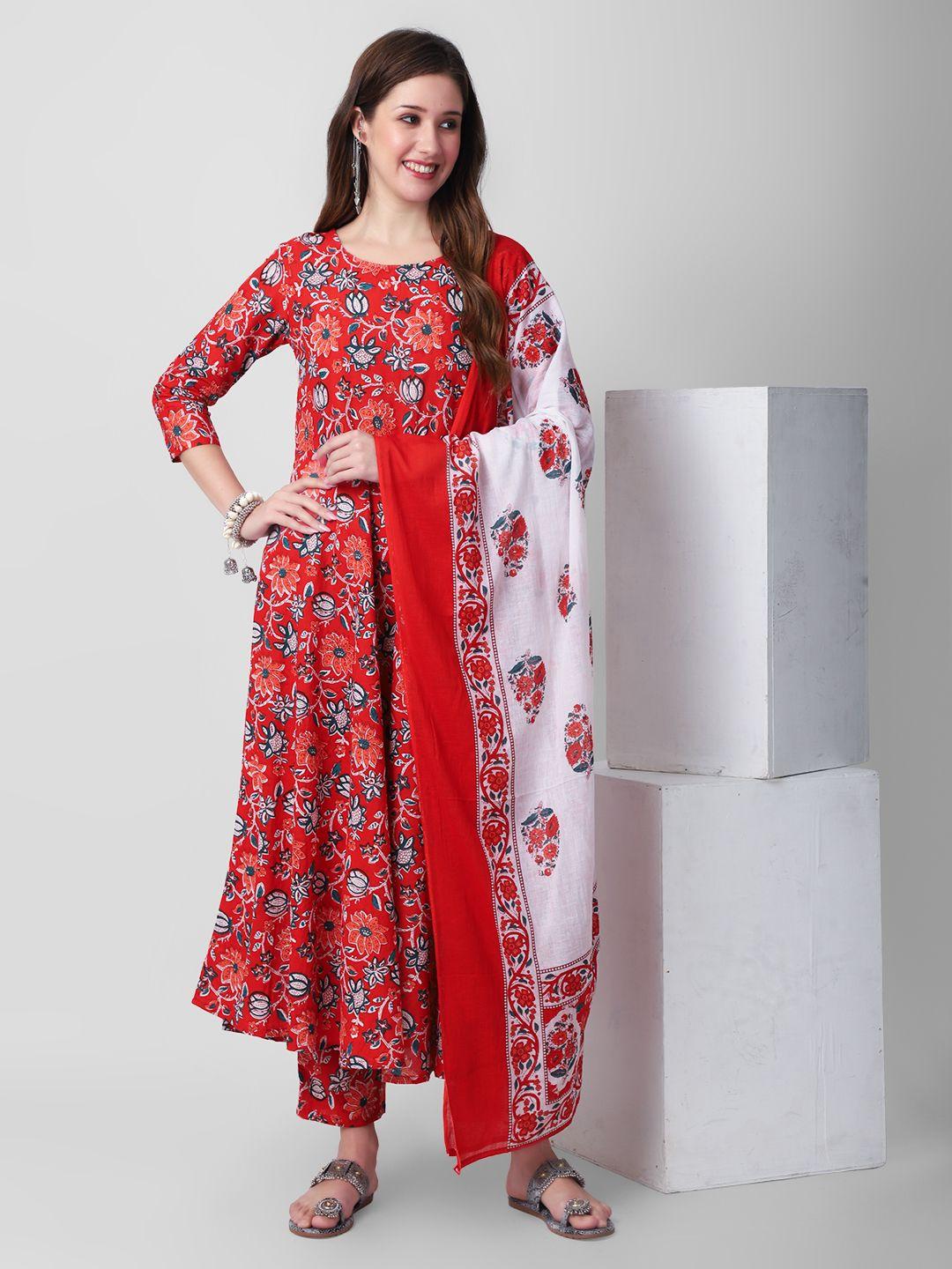 kalini floral printed anarkali pure cotton kurta with palazzos & dupatta