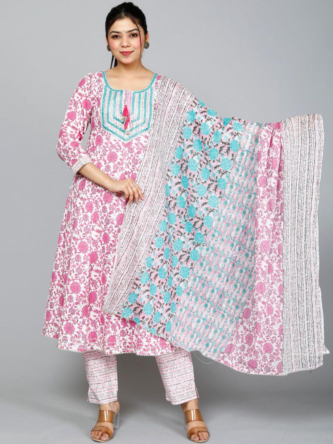 kalini floral printed anarkali pure cotton kurta with trousers & dupatta