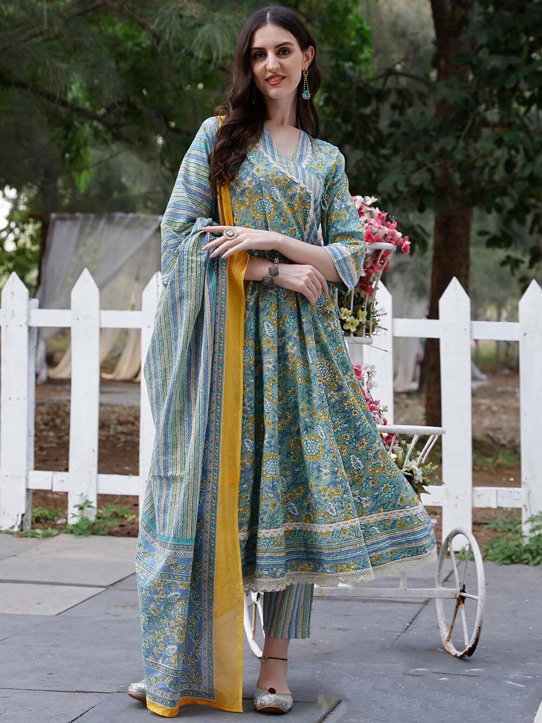 kalini floral printed angrakha anarkali kurta with trousers & dupatta