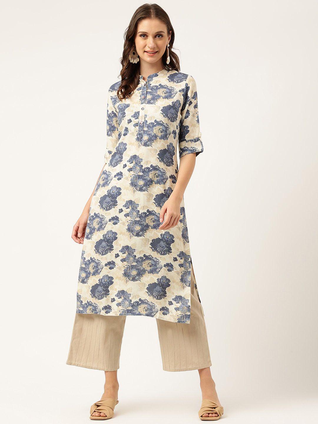 kalini floral printed band collar roll-up sleeves straight kurta