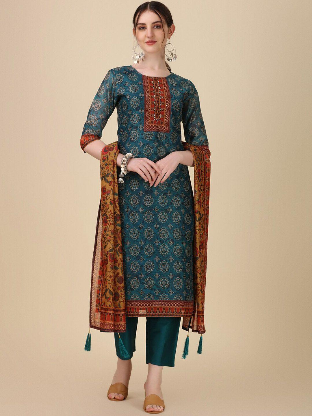 kalini floral printed beads & stones chanderi silk straight kurta with trousers & dupatta
