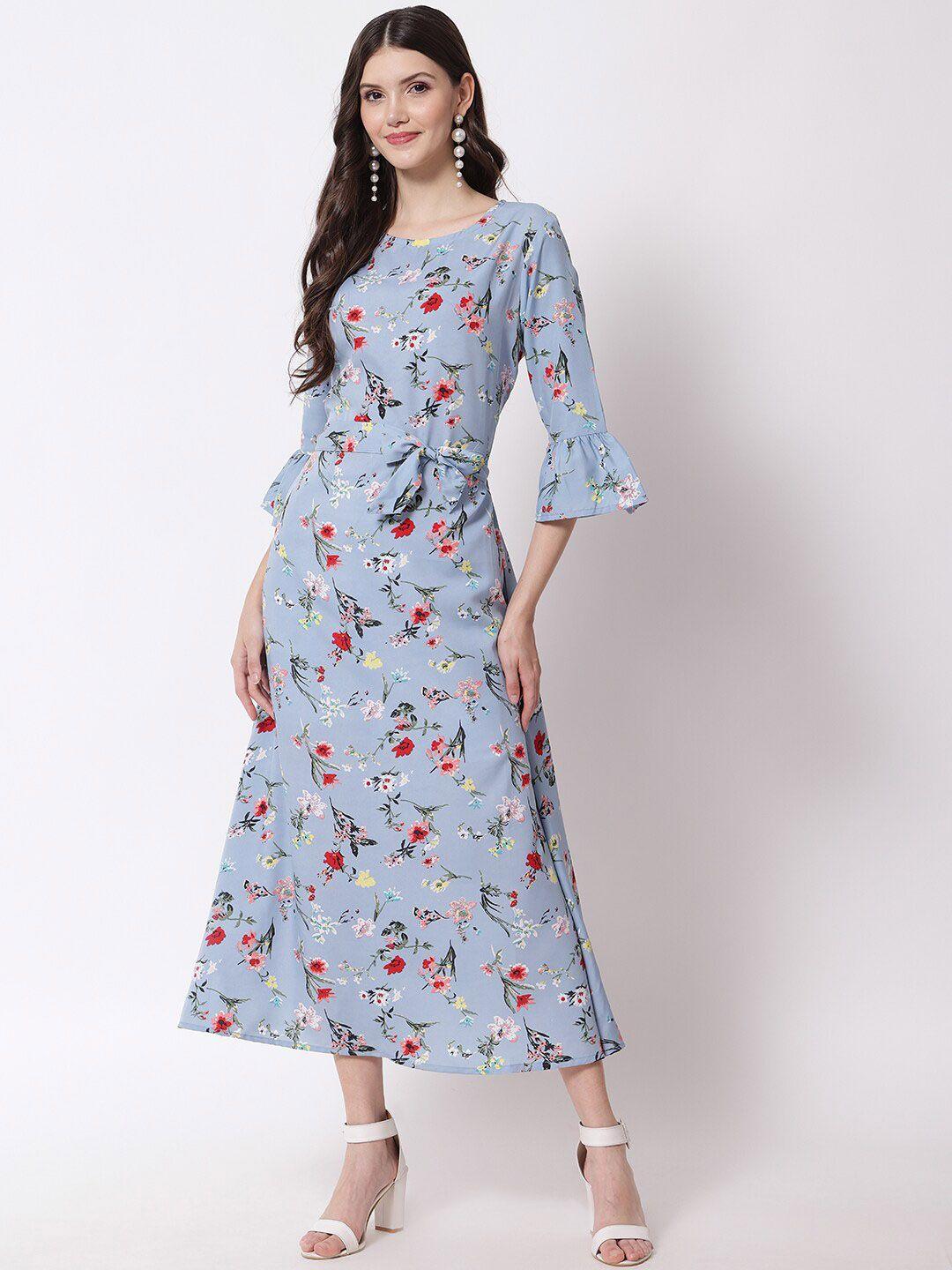 kalini floral printed bell seeve belted a-line midi dress