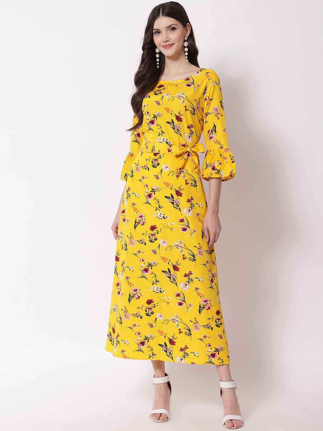 kalini floral printed bell seeve belted a-line midi dress