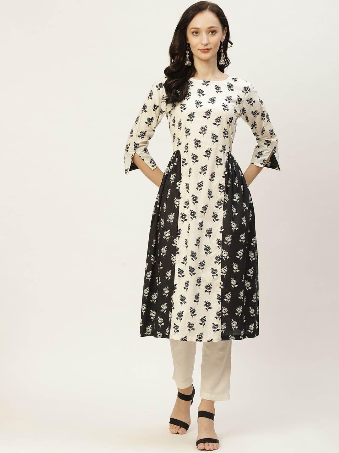 kalini floral printed boat neck pleated cotton a-line kurta