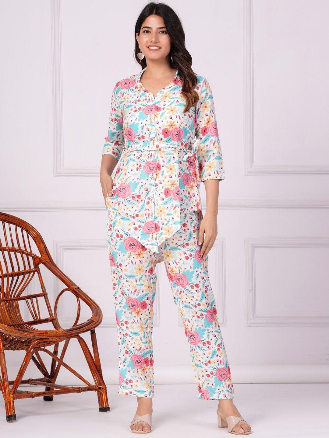 kalini floral printed collar top with tie up belt and printed trousers co-ords