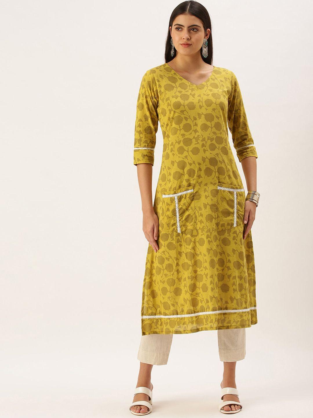 kalini floral printed cotton a-line kurta with lace inserted