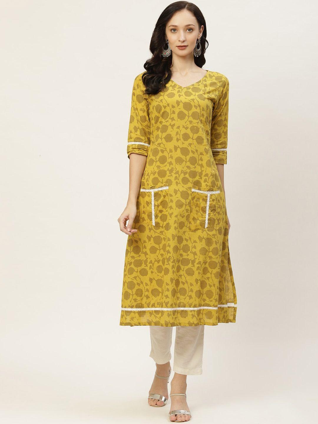 kalini floral printed cotton a-line kurta with lace inserted