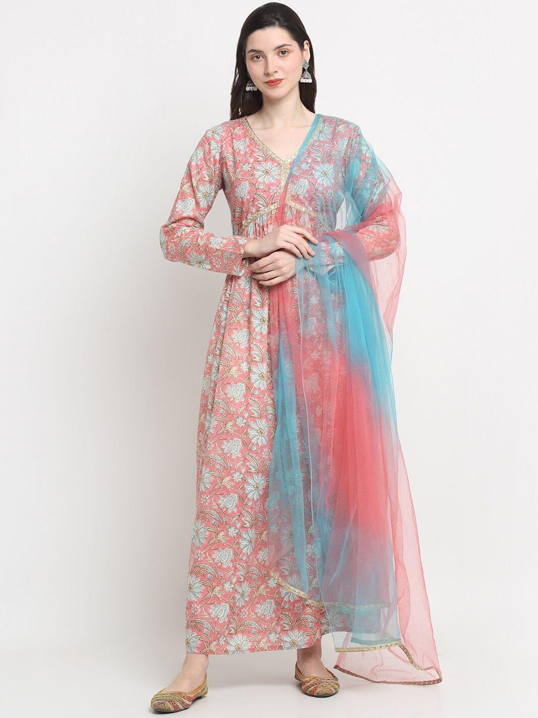 kalini floral printed cotton a-line maxi ethnic dress with dyed net dupatta