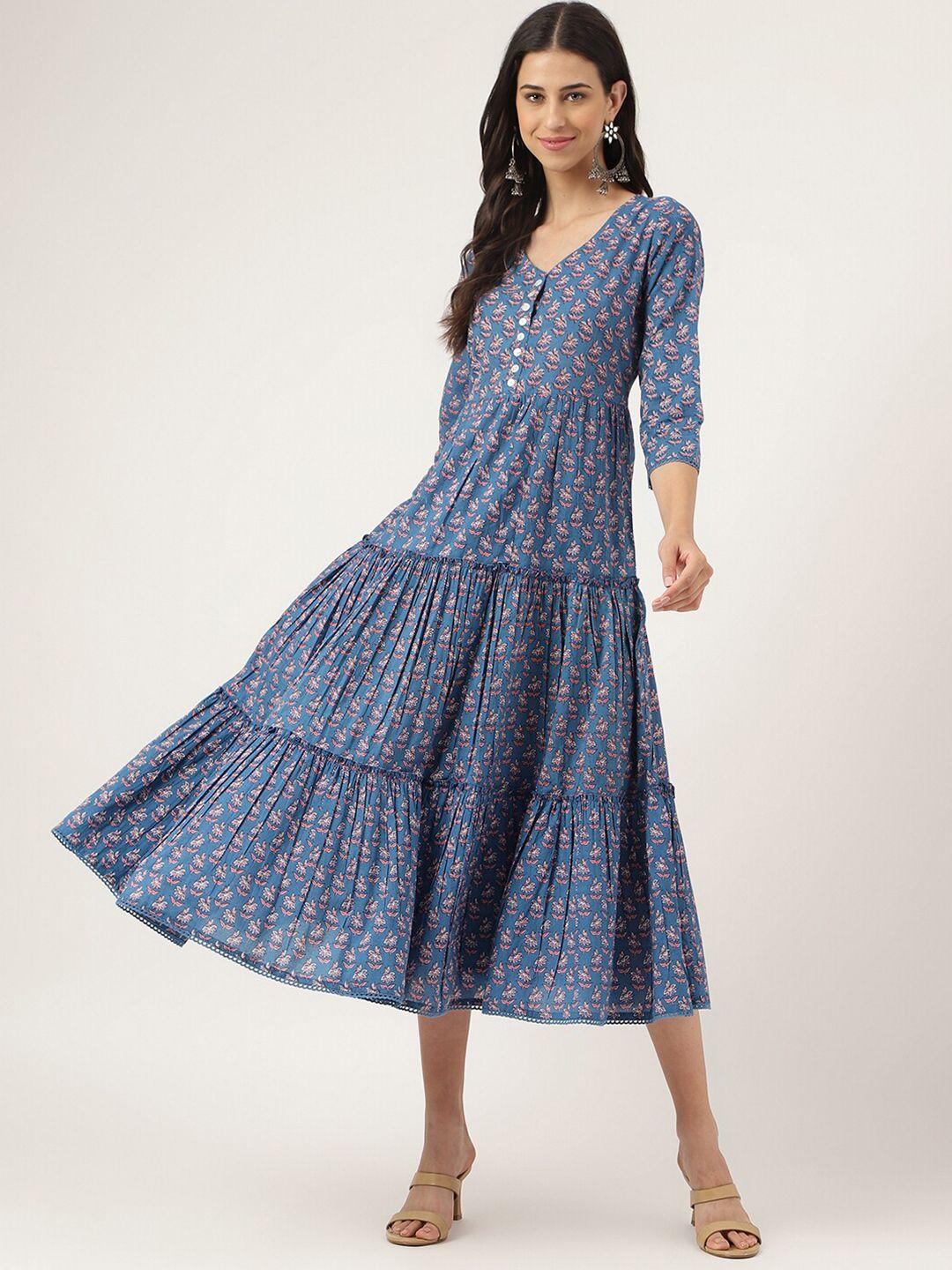 kalini floral printed cotton fit & flare midi ethnic dress