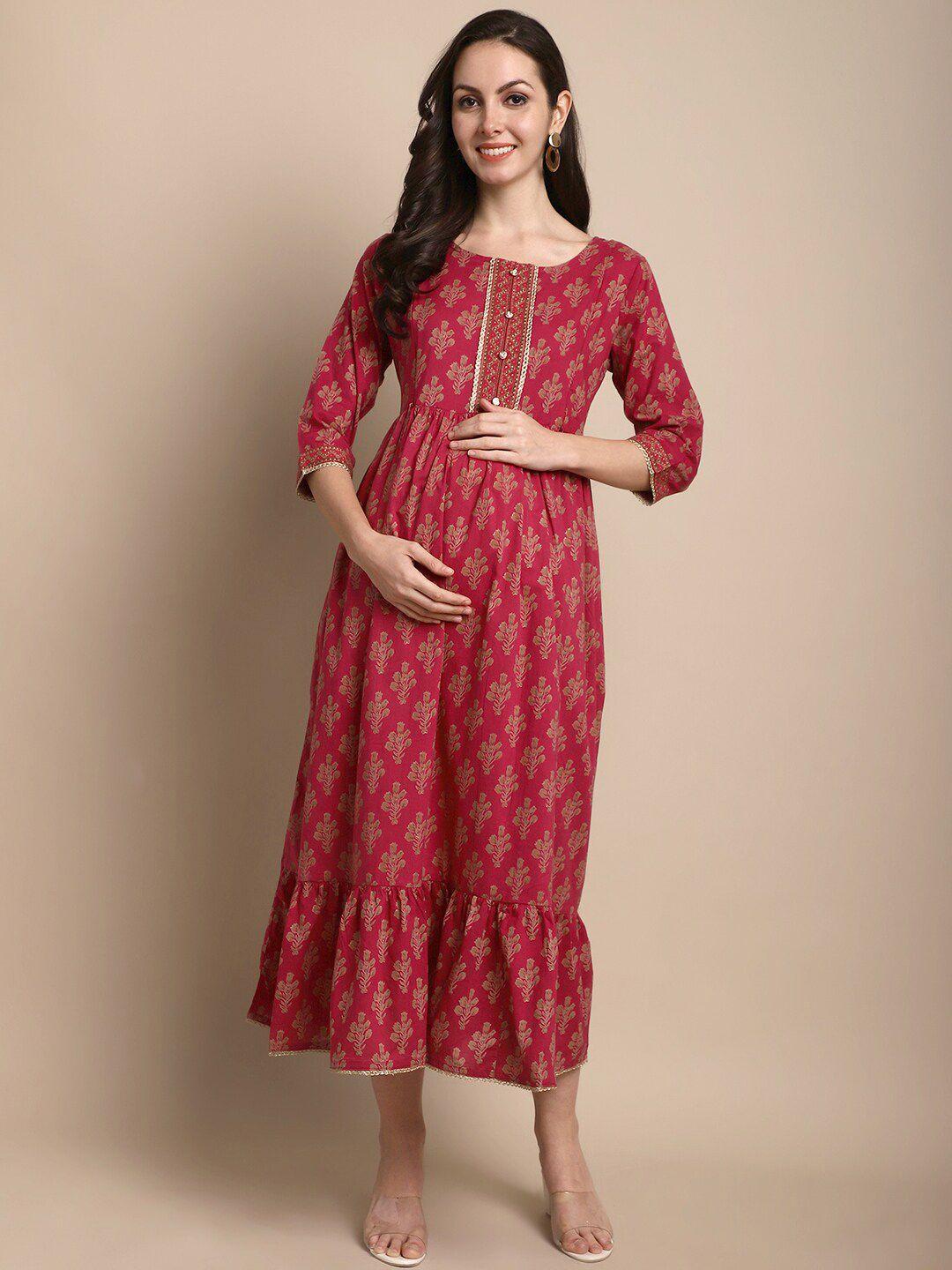 kalini floral printed cotton maternity a-line midi dress