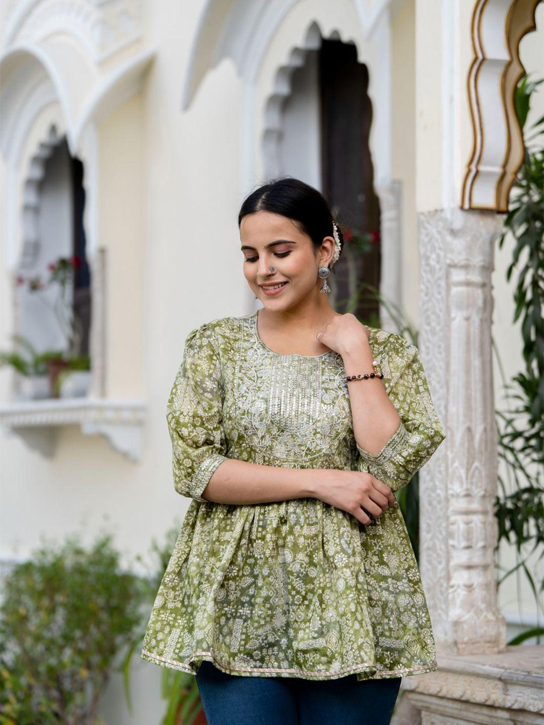 kalini floral printed cuffed sleeves gathered cotton peplum top