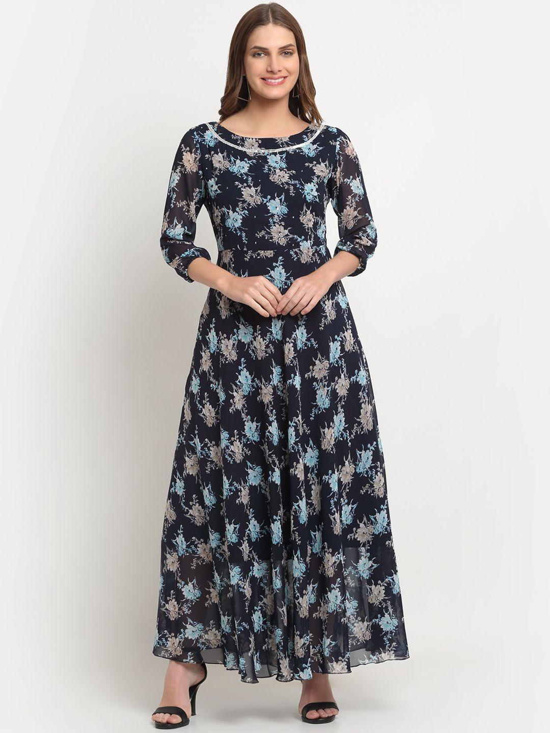 kalini floral printed embellished boat neck maxi fit and flare dress