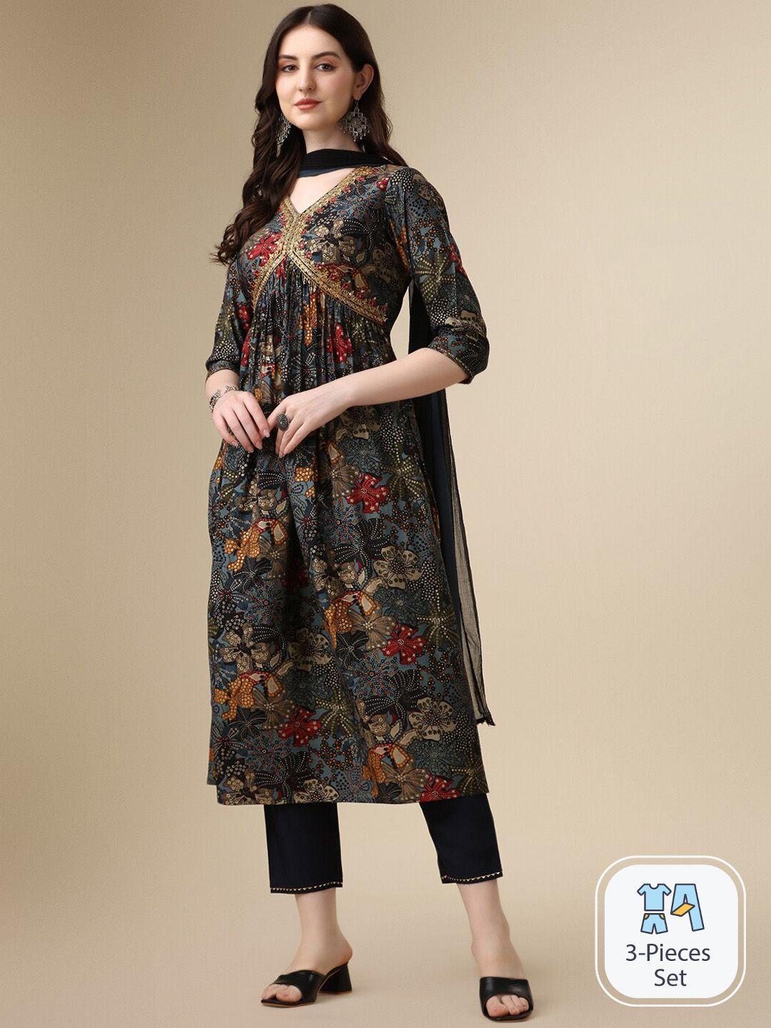 kalini floral printed empire gotta patti a-line kurta & trousers with dupatta