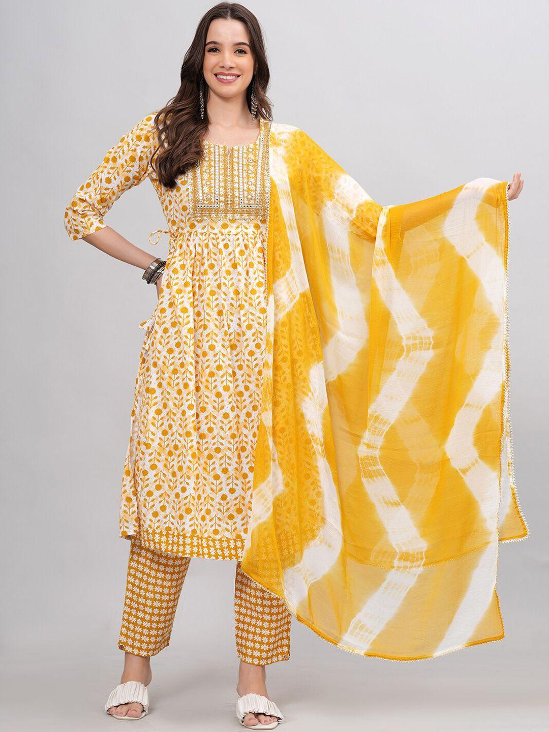 kalini floral printed empire gotta patti pure cotton kurta with trousers & dupatta