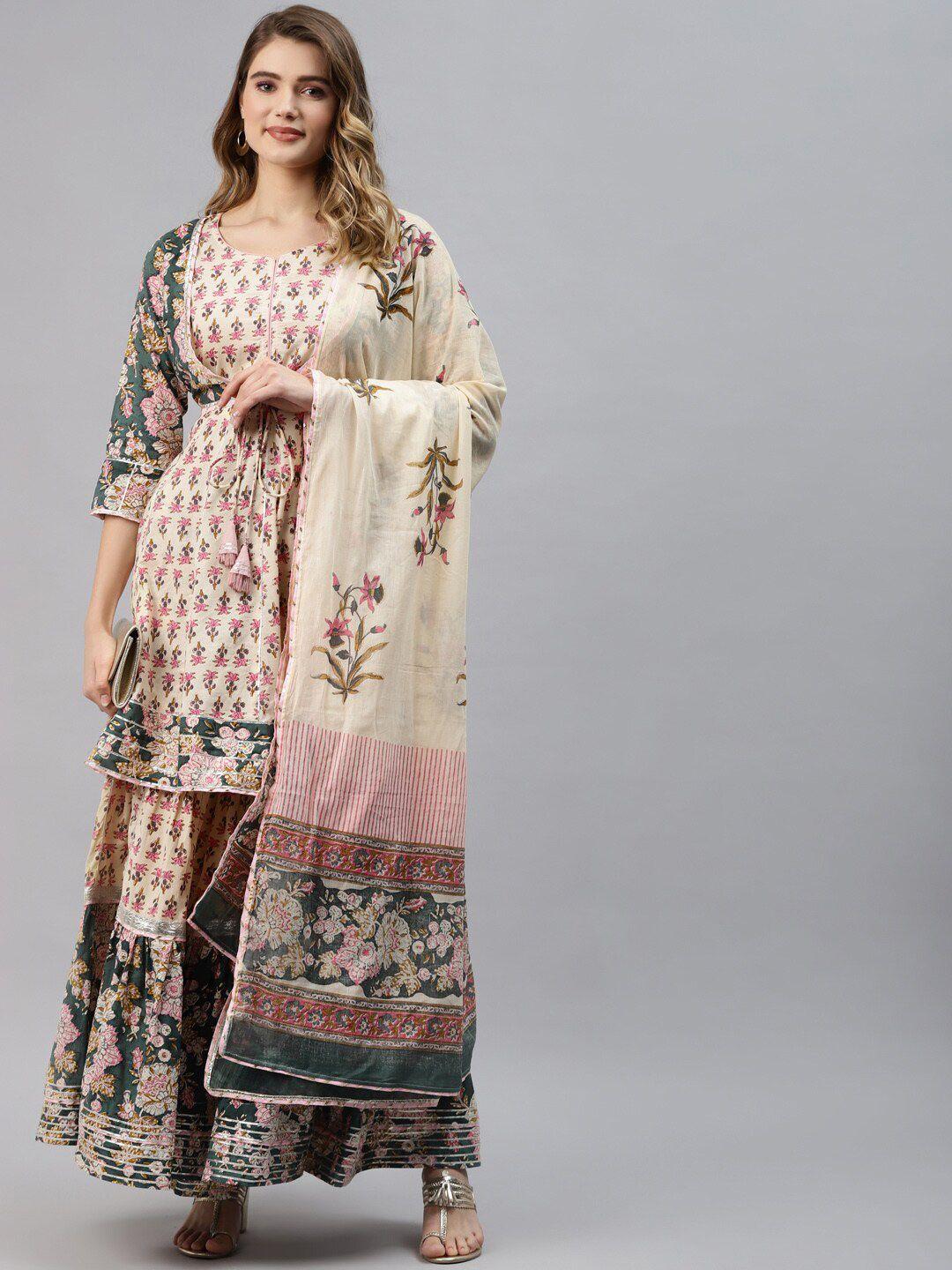 kalini floral printed empire gotta patti pure cotton kurti with sharara & dupatta