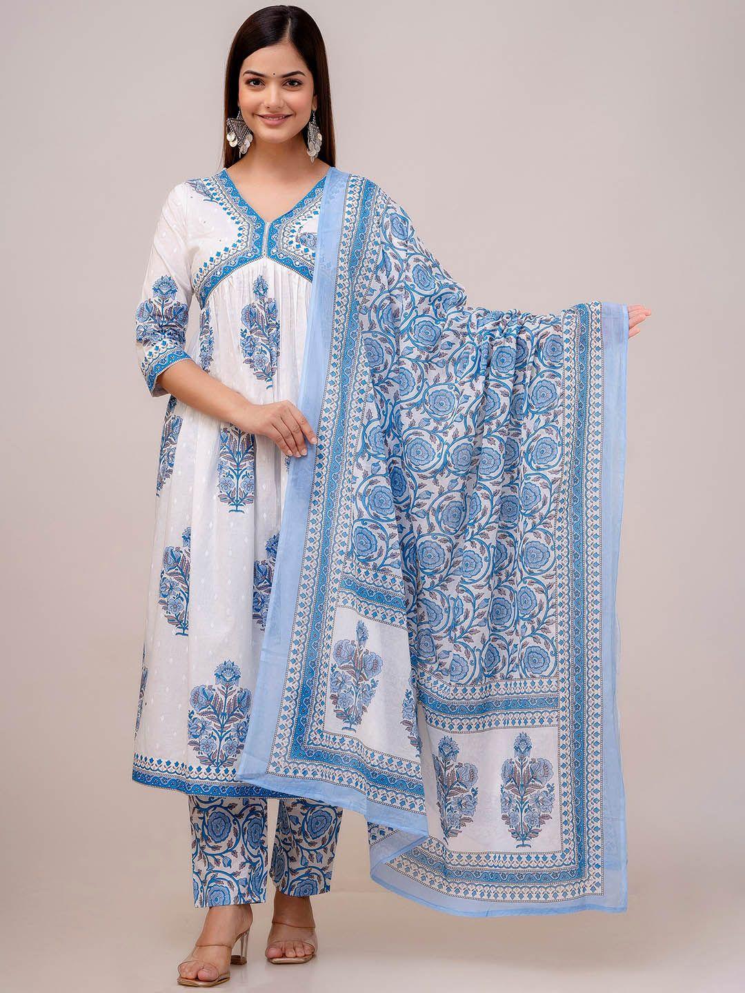 kalini floral printed empire mirror work kurta with trousers & dupatta