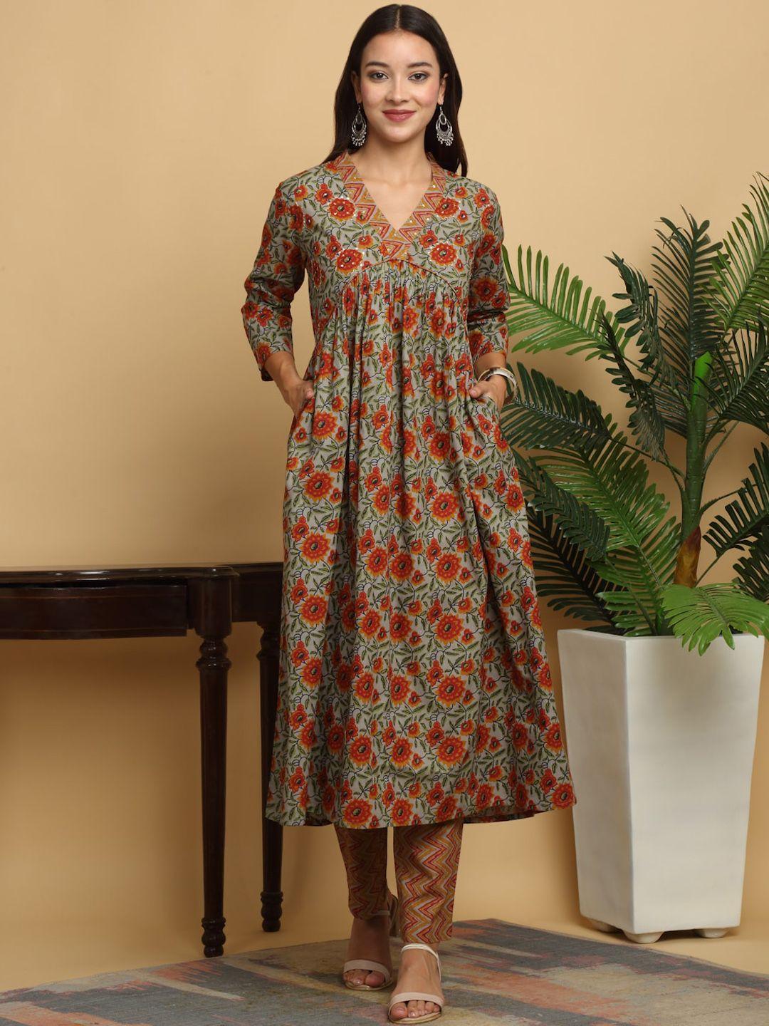 kalini floral printed empire pure cotton a-line kurta with trousers