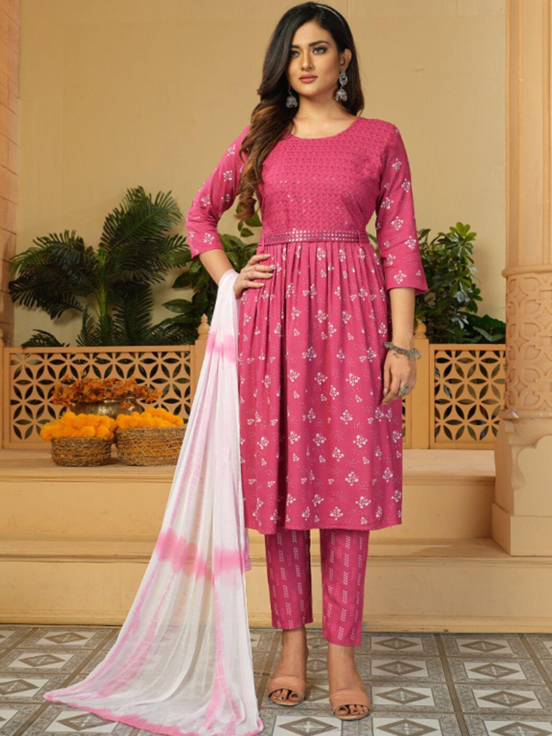 kalini floral printed empire sequinned kurta with trousers & dupatta