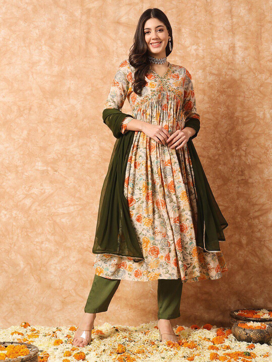 kalini floral printed empire thread work anarkali kurta & trousers with dupatta