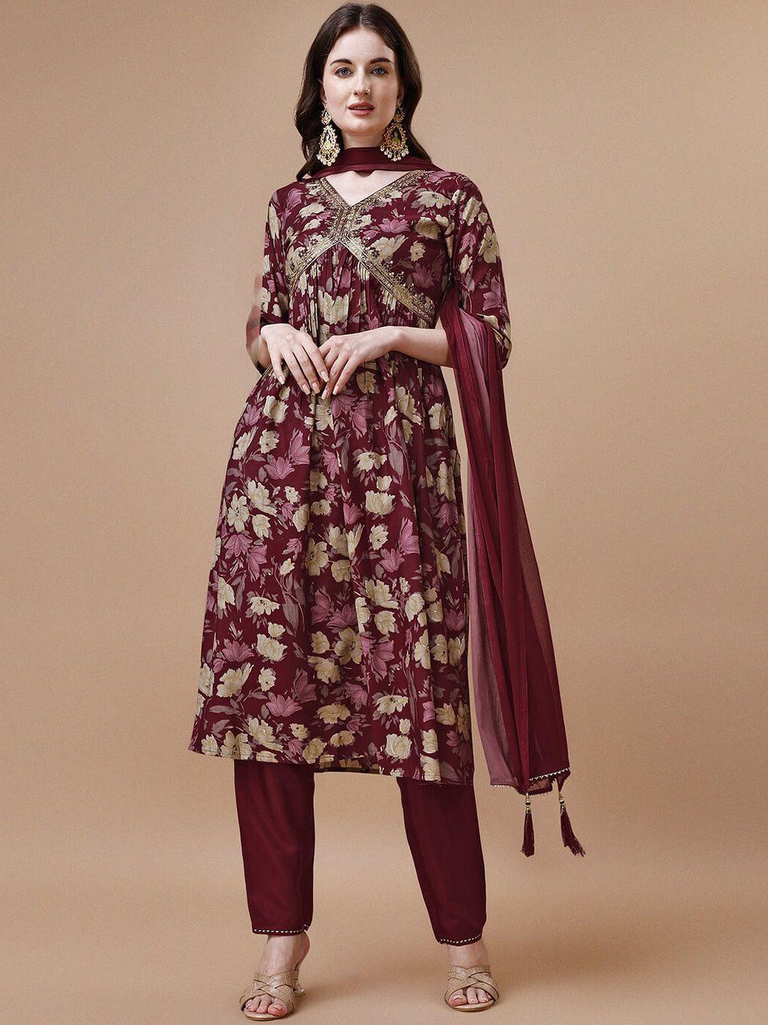 kalini floral printed empire thread work kurta & trousers with dupatta