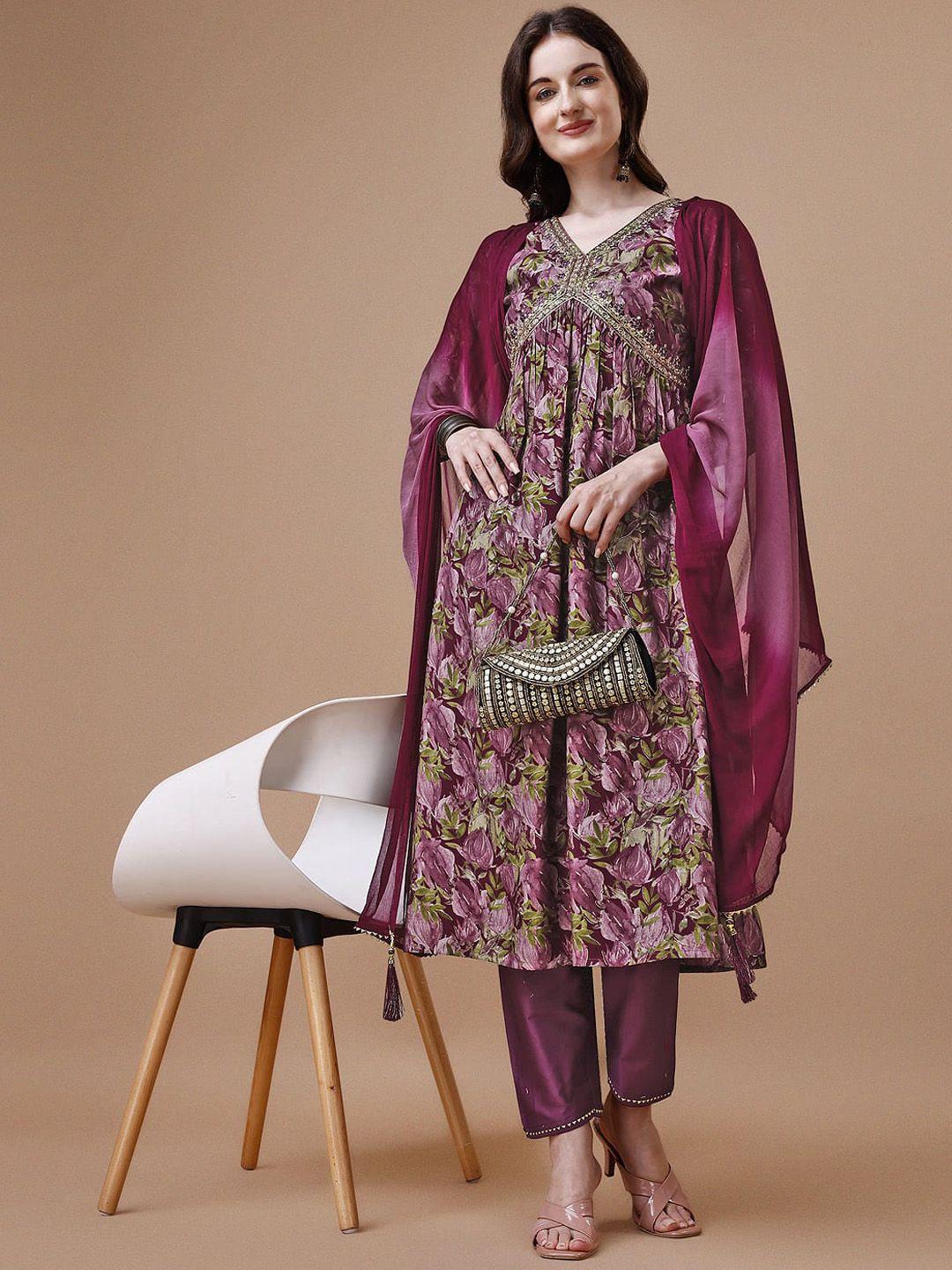 kalini floral printed empire thread work kurta & trousers with dupatta