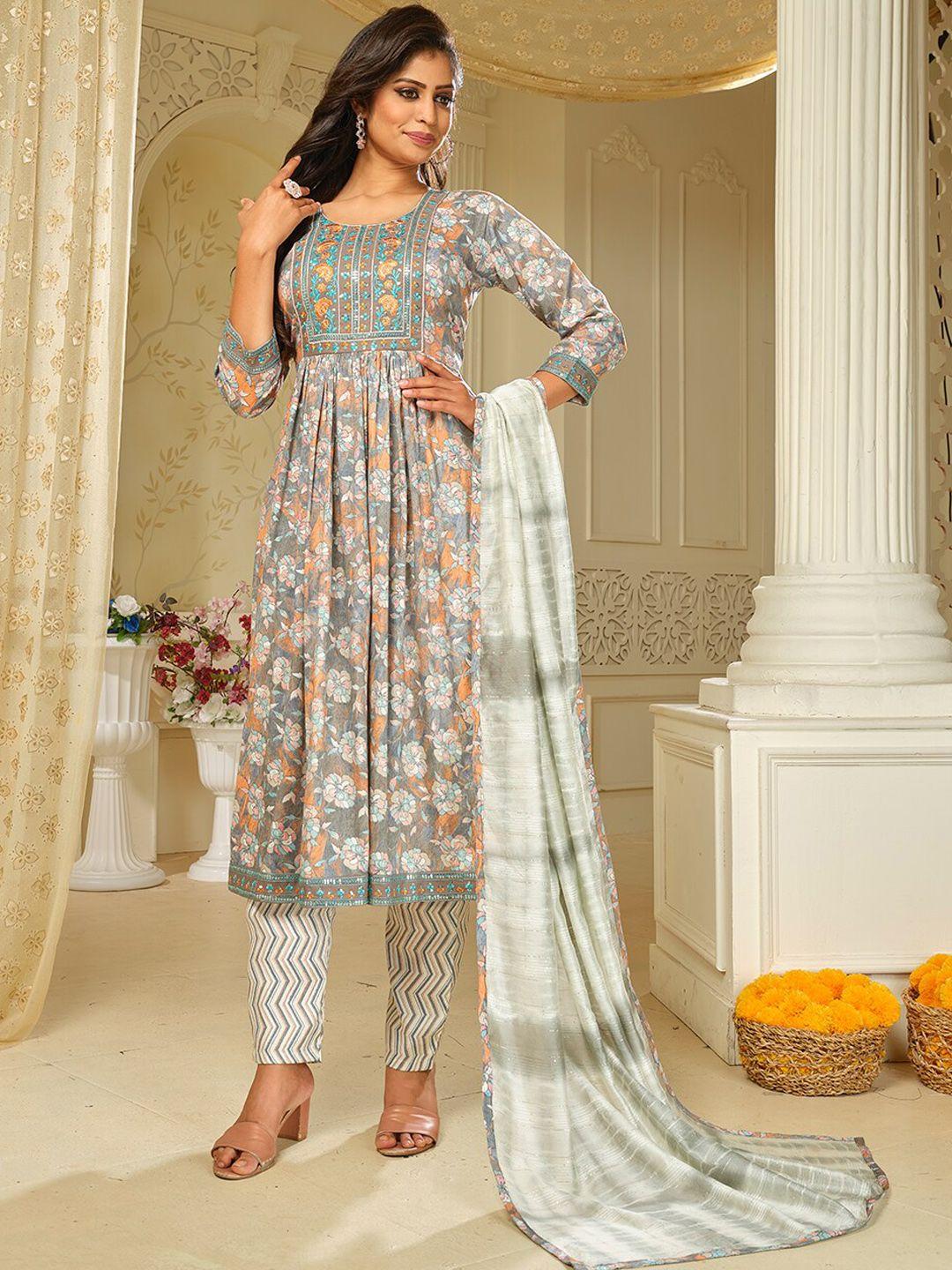 kalini floral printed empire thread work kurta with trousers & dupatta