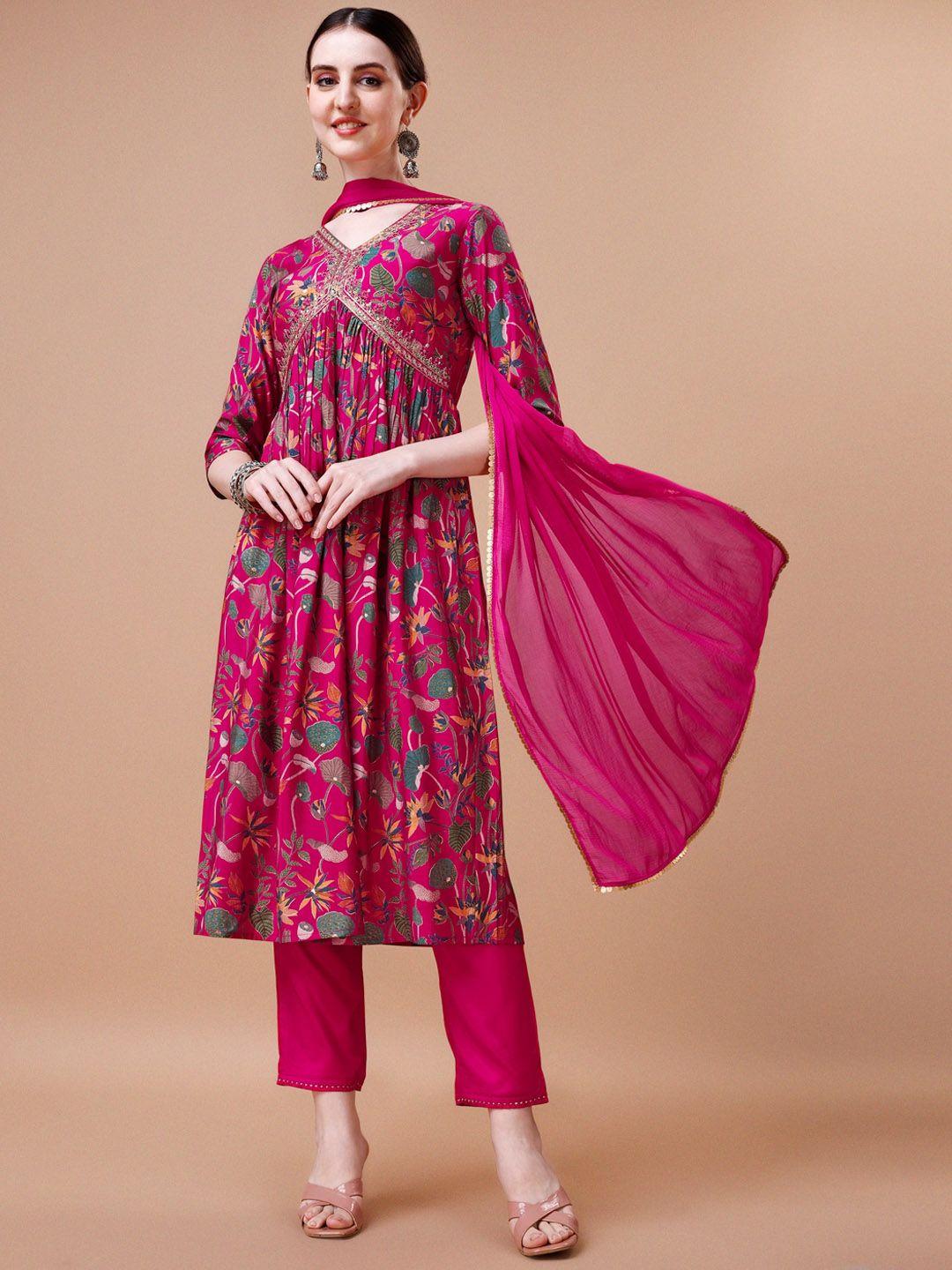 kalini floral printed empire thread work kurta with trousers & with dupatta