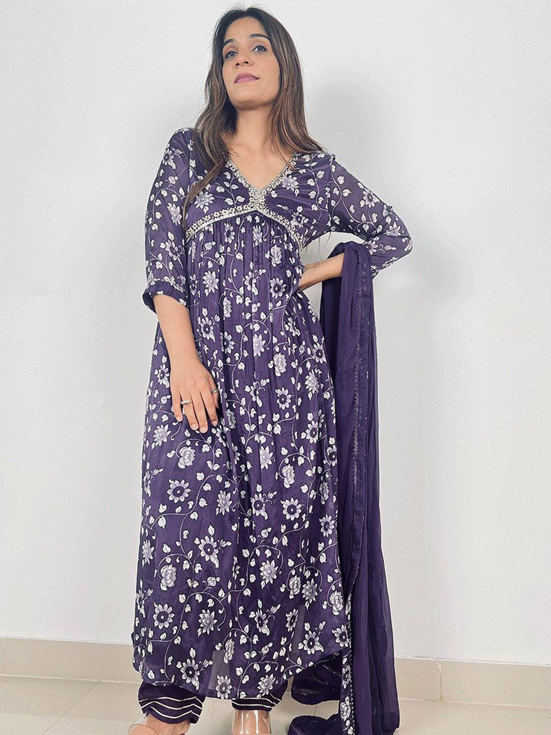 kalini floral printed empire v-neck sequinned detail a-line kurta & salwar with dupatta