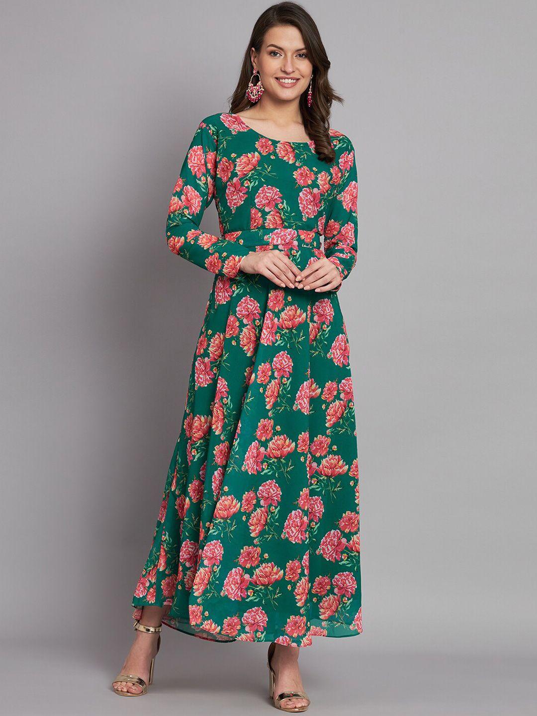 kalini floral printed fit & flared georgette maxi ethnic dresses with matching belt
